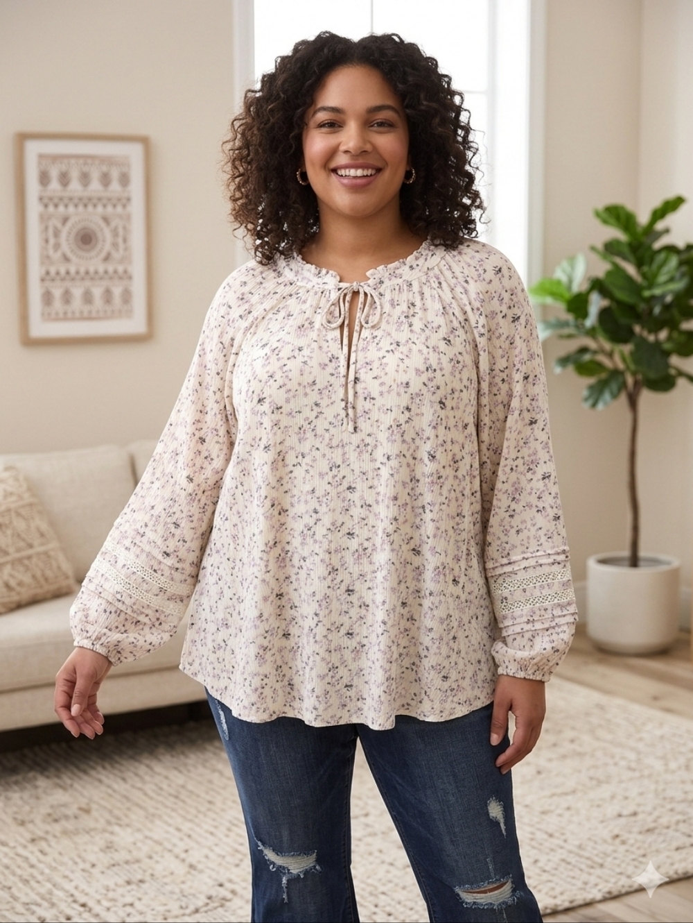 Torrid Purple Floral Neck Tie Rayon Long Sleeve